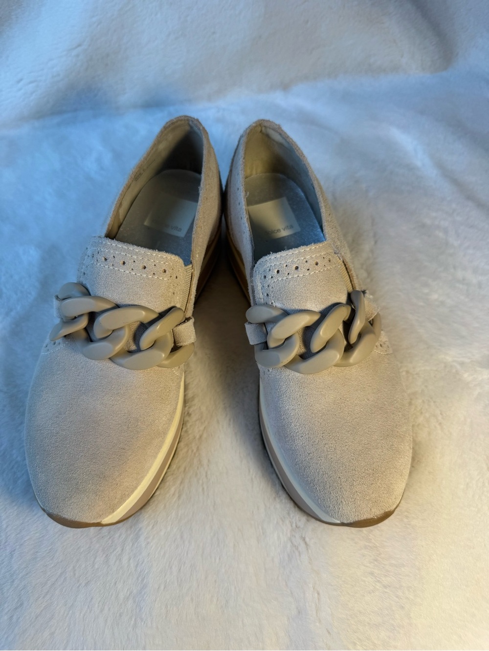 Dolce Vita Neutral Beige Suede Slip-On Loafers with Chain Detail Size 6